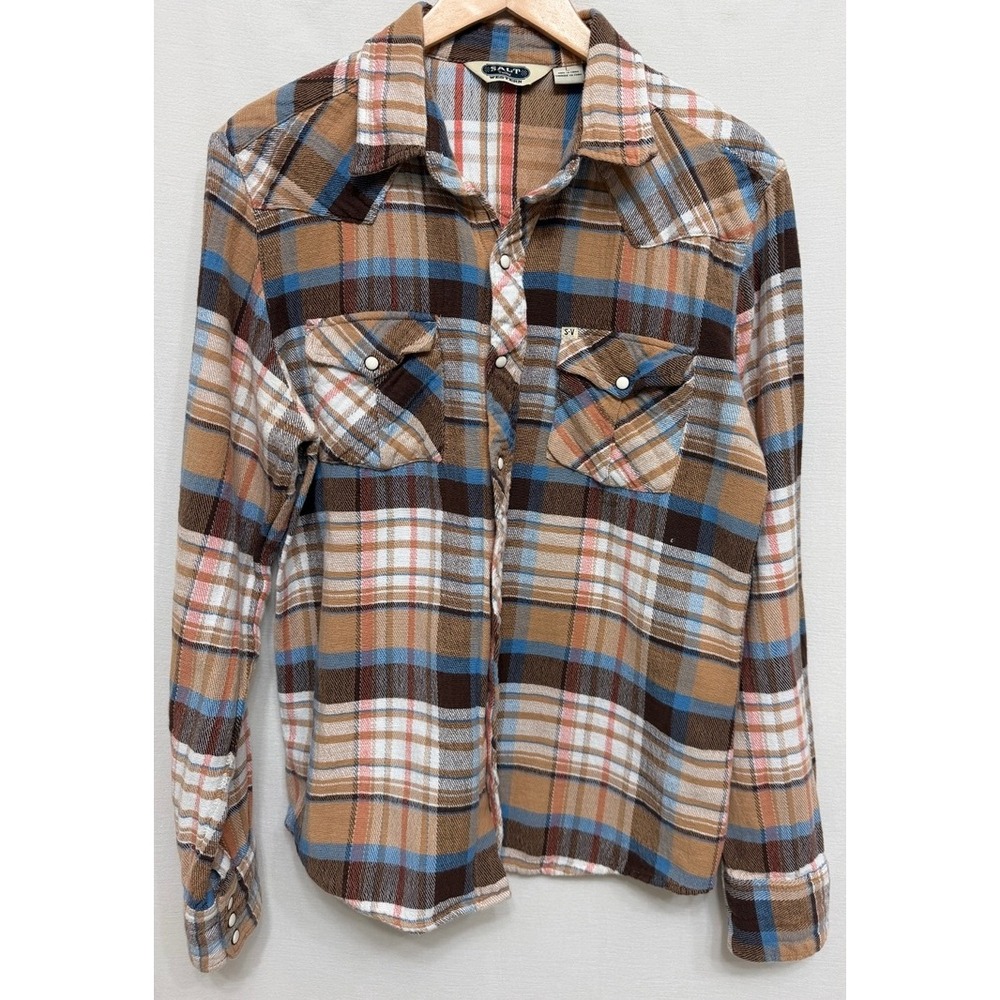 Salt Valley Men's Shirt Western Plaid Flannel Brown Blue Cotton Pearl Snap Large